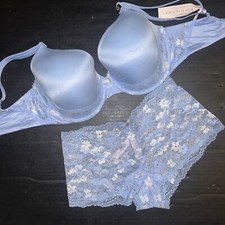 Victoria's Secret 32DDD BRA SET XS shortie Panty BLUE SILVER white lace BODY by