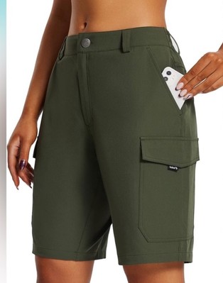 Baleaf Women s Hiking Long Green Shorts 10  Cargo Knee Length Quick Dry Size XXL