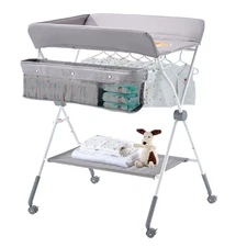 VEVOR Foldable Baby Changing Diaper Station with Side Basket & Wheels Light Gray