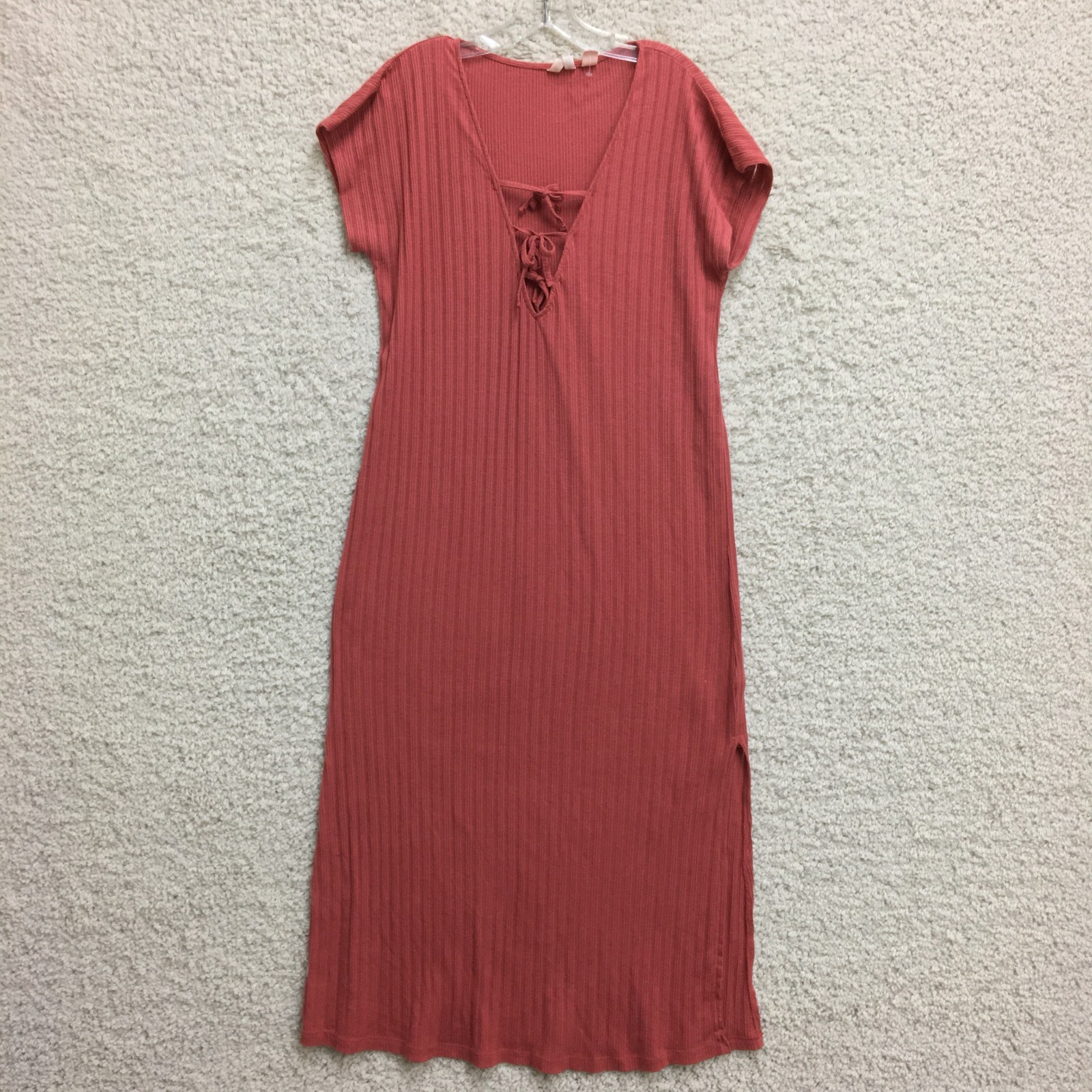Roxy Dress Large Adult Red Maxi V Neck Lace Up Ribbed Short Sleeve A Line Womens
