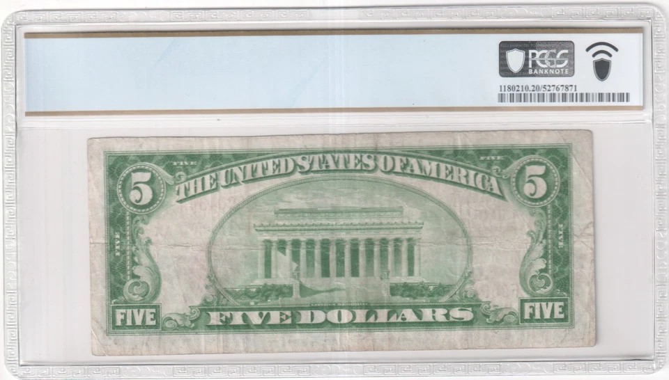 1929 T-1  $5 NATIONAL BANK NOTE ~ QUANTICO ~ CH #12477  PCGS 20VF SN# F 000484 A - Image 2 of 2