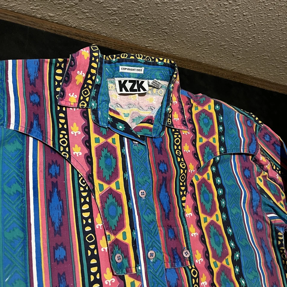 Vintage Wah Shirt Mens Large Cowboy Rodeo Western Aztec Stripe Brushpopper 90s - Image 2 of 4