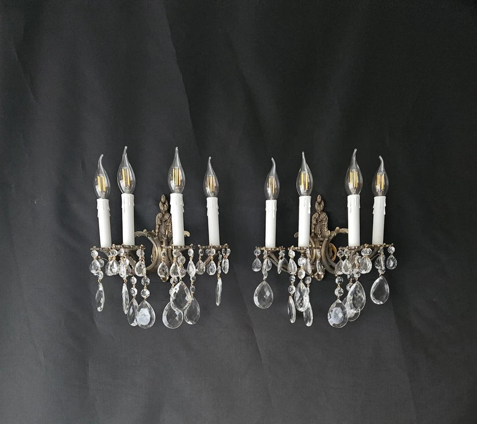 Vintage Antique Pair Brass Crystal 4 Light Sconces Wall Lights Wall Lamps - Image 2 of 4