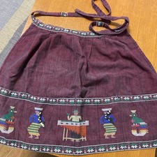 Vintage Apron With Pockets Guatemalan Maroon Embroidery Folk Art