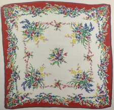 Vtg Hankie 13.x13.25 Floral, bright flowers in red border w/blue edge H495