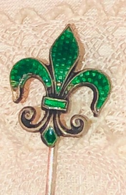 Antique Fleur De Lis Green Guilloché Enamel Sterling Silver Lapel Pin Tie Vtg
