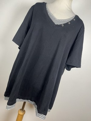 Catherines 1X Shirt Top Black White Checkered V Neck Short Sleeve Stretch D3