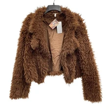 NWT Wmns SELF ESTEEM Brown Soft Fuzzy Plush Teddy Open Front Crop Jacket Sz S