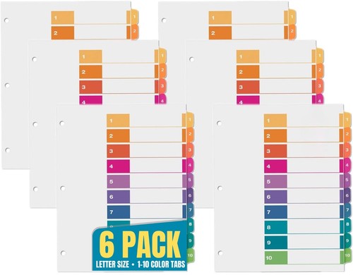 3 Ring Binder Dividers with Tabs, 10 Numbered Tabs, 11" x 8.5", Multi-Color, ...