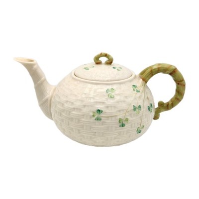Vintage Belleek Ireland Shamrock Basketweave Teapot 7th Gold Mark Fine China