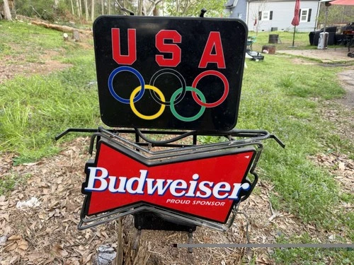 Vintage Budweiser Team USA Budweiser Neon Sign w/ 5 Olympic Rings