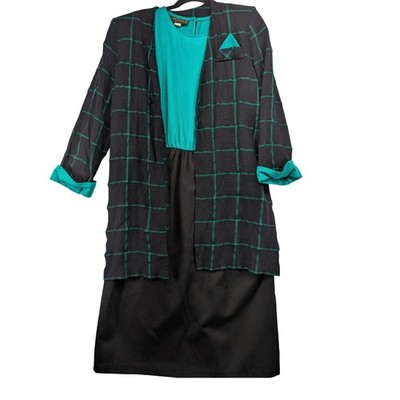 Vintage Justin Thyme Ltd 80s Dress and Jacket Set Teal Black Plaid Size 12