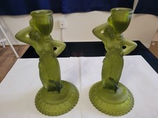 Vintage Fostoria REBECCA AT THE WELL Green Frosted Candlestick Holder Set HFM