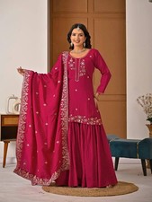Stylish Look Heavy Vichitra Pink Top Palazzo With Dupatta For Wedding Wear