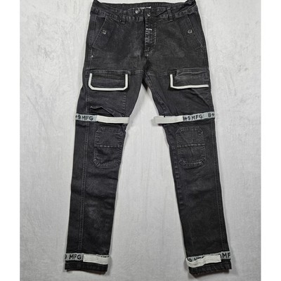 8&9 MFG Jeans Mens 36x33 Black Denim Strapped Up Shuttle Tape Utility Pants