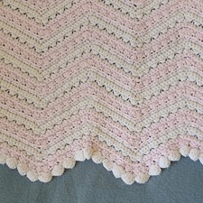 Crocheted Baby Blanket Pink  White Chevron Zig Zag Scalloped Edge Bed Throw