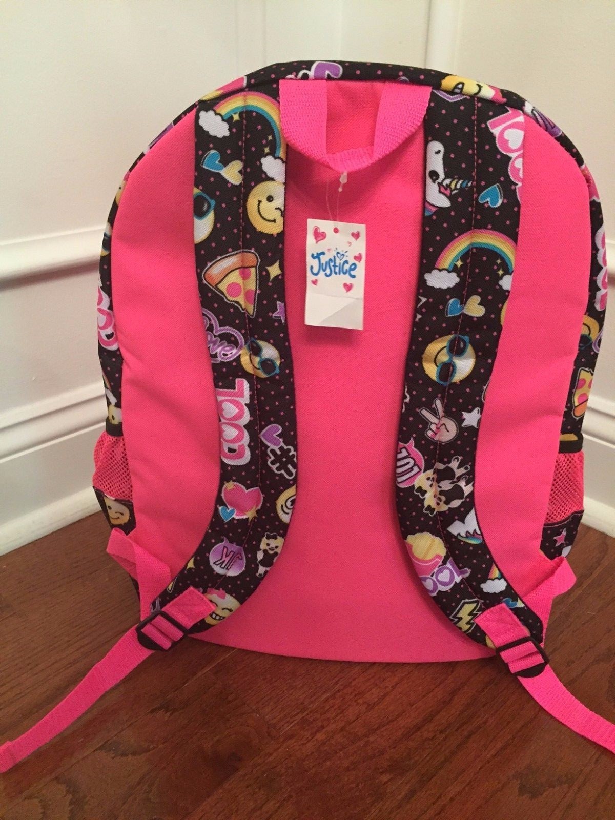 Justice Emoji Black Pink Polka Dot Initial I Backpack Book Bag New!