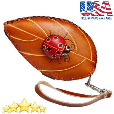 Red Ladybug on Leaf Women Leather Cowhide Purse Coin Clutch Modern Handmade Bags