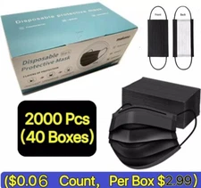 2000-PCS Black Protective 3 Layer Face Mask Respirator Disposable Masks BFE95%