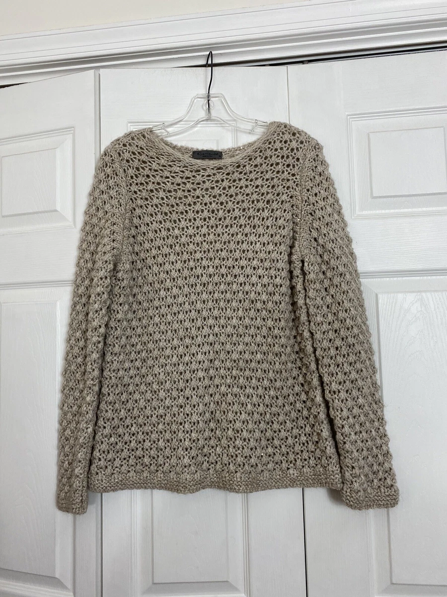 Anthropologie Elsamanda Medium Beige Sweater Open Knit Sequins