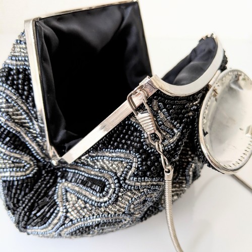 Japanese Vintage Beaded Evening Shoulder Bag Abstract Pattern Blk/Silver 7x4 in - Picture 17 of 21