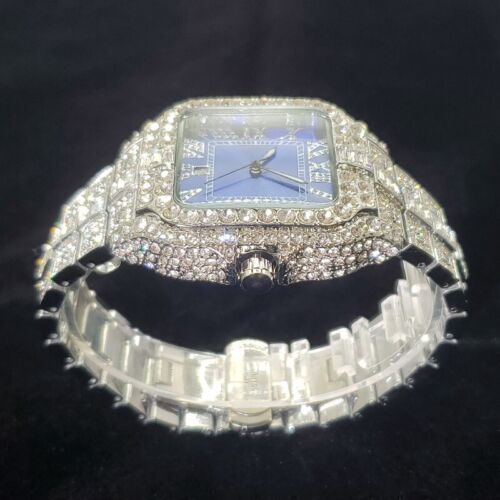 Orologio Uomo Hip Hop Lusso Completamente Ghiacciato Bling Diamante Argento Blu Quadrato - Foto 3 di 5