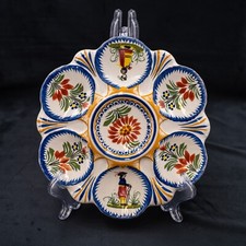 French Antique Oyster Plate QUIMPER Majolica Blue Red Ceramic