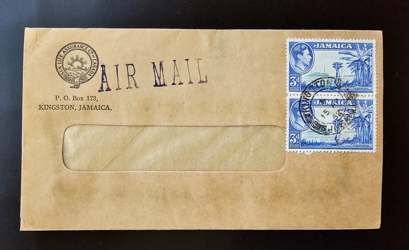 JAMAICA Cover KGVI 2 Stamps 3 Pence 3d Postmark Kingston Man Carrying Banana 