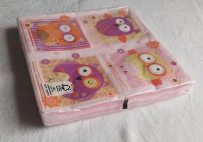 20 Serviette Eulen rosa/orange/gelb/lila 33cm x 33cm TEDi