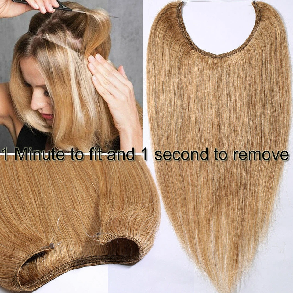 Thick Straight Wire Remy Human Hair Extensions Hidden Headband One Piece Halos - Image 2 of 4