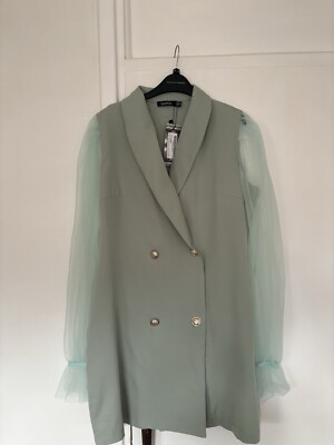 sage green button up organza sleeve blazer dress Sage Green Organza Sleeve Blazer Dress
