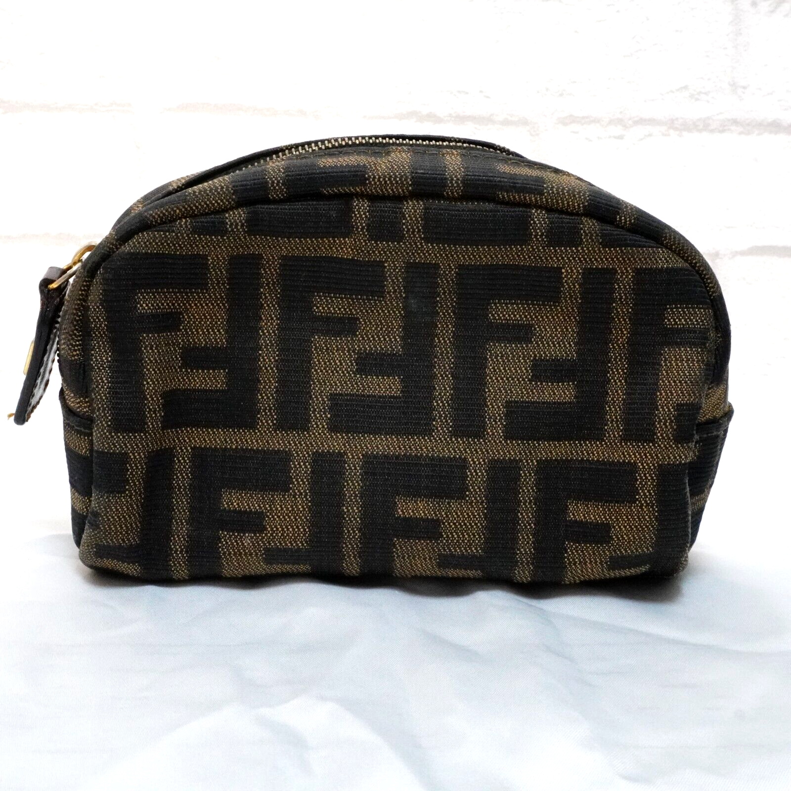 FENDI Zucca Canvas Mini Zip Pouch Vanity Bag in Black Brown for Women Authentic