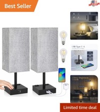Table Lamps - 3-Way Dimmable - USB C A Charging Ports  AC Outlets - Grey Shade