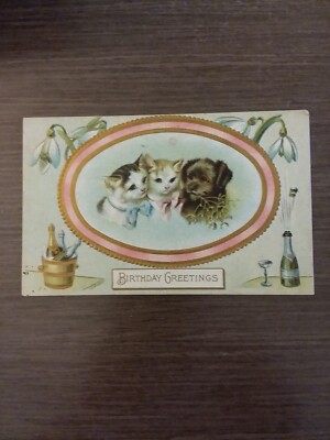 Birthday Postcard, Cats, Dog, Celebration!  Adorable Gift. Antique