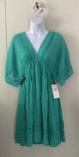 NWT O'Neill Kleo Woven Cover-Up Mini Dress Peacock Green Crochet Trim Sz Small