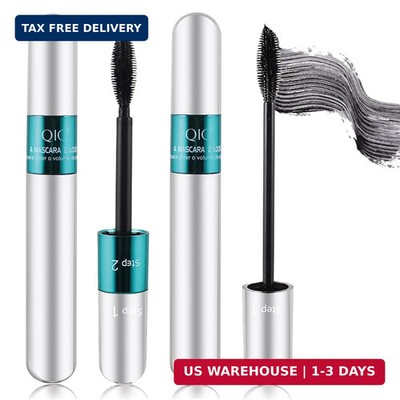 2 Pack 2 in 1 QIC 5x Longer Washable Black Mascara, 4D Silk Fiber Lash 2 Step, N