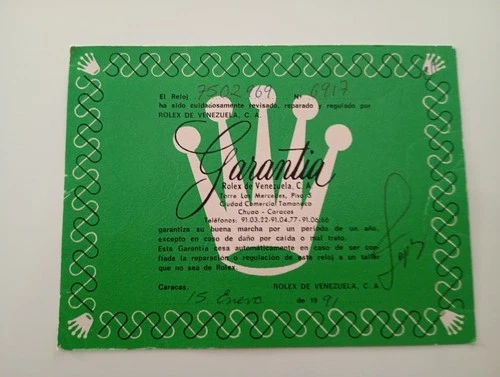 Vintage ROLEX 6917 Watch Warranty Cardboard 1991