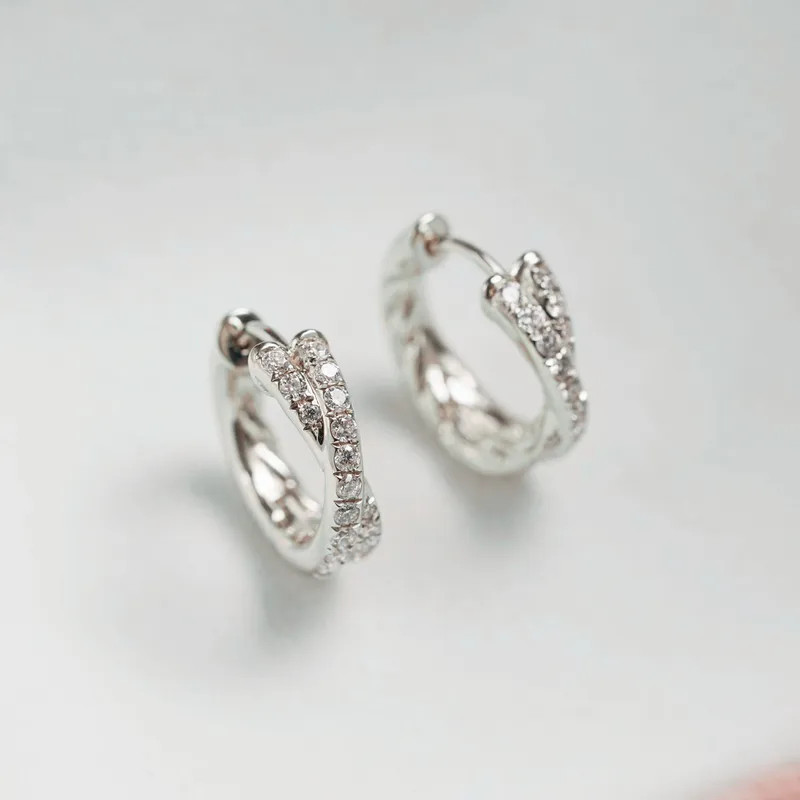Sterling Silver Diamond Hoop Earrings 18K Gold Plated Double Row Geometric Women