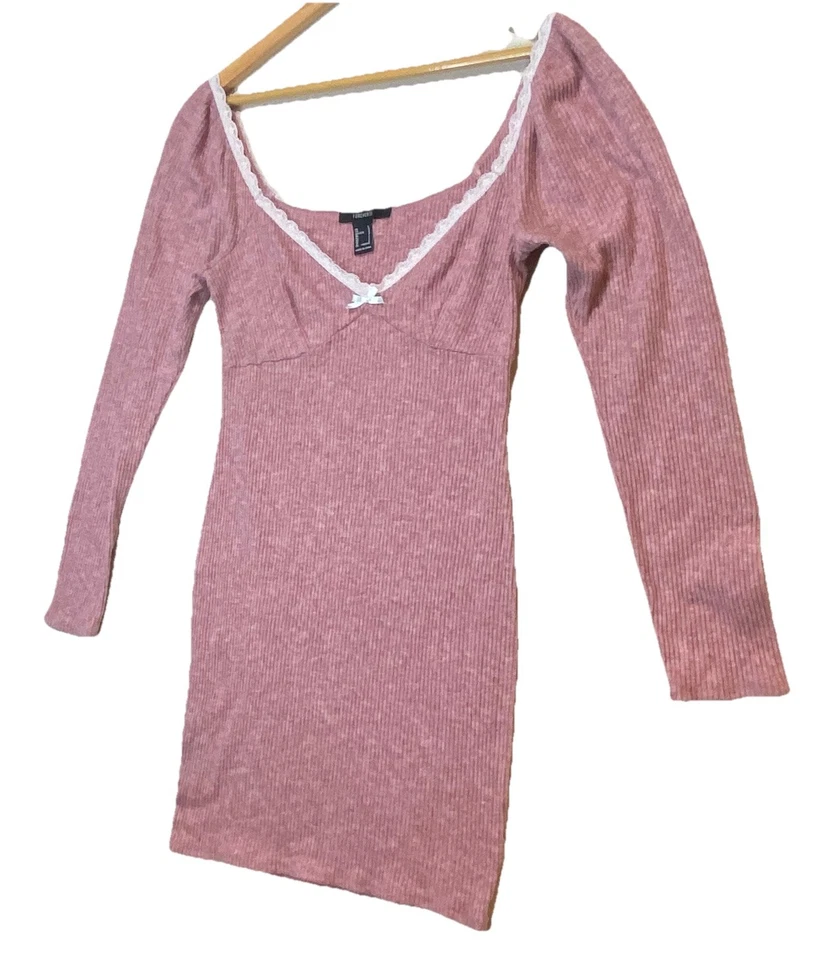 Forever 21 Dress Womens L Pink Ribbed Sweater Baby Doll Lace Trim Boho Festival - Image 2 of 4
