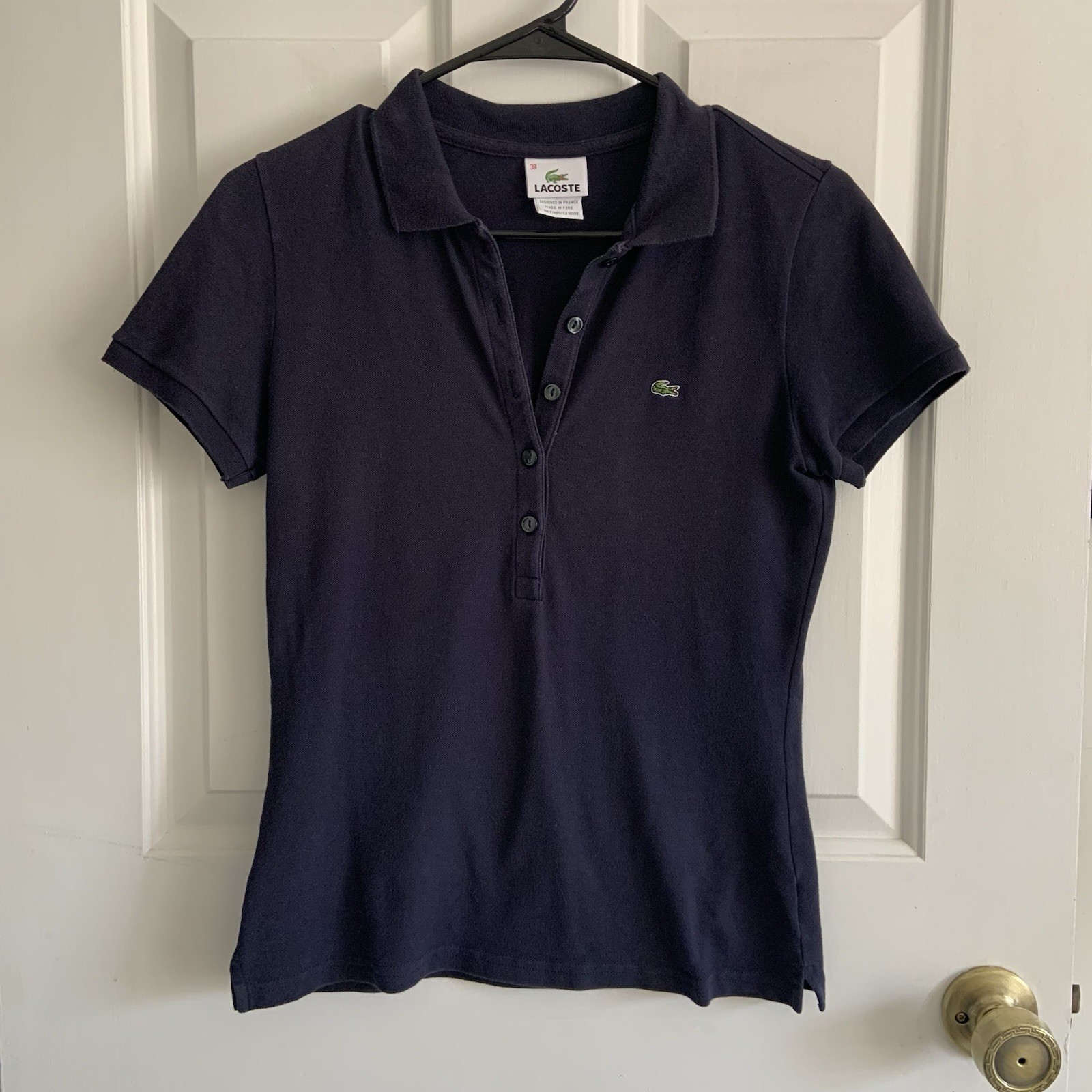 Lacoste Half Button Slim Fit Pique Polo Shirt Womens US Small EUR 38 Navy Blue thumbnail 2