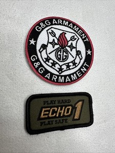Lot of two badges G & G Armament and Echo 1 air soft hook and loop badges