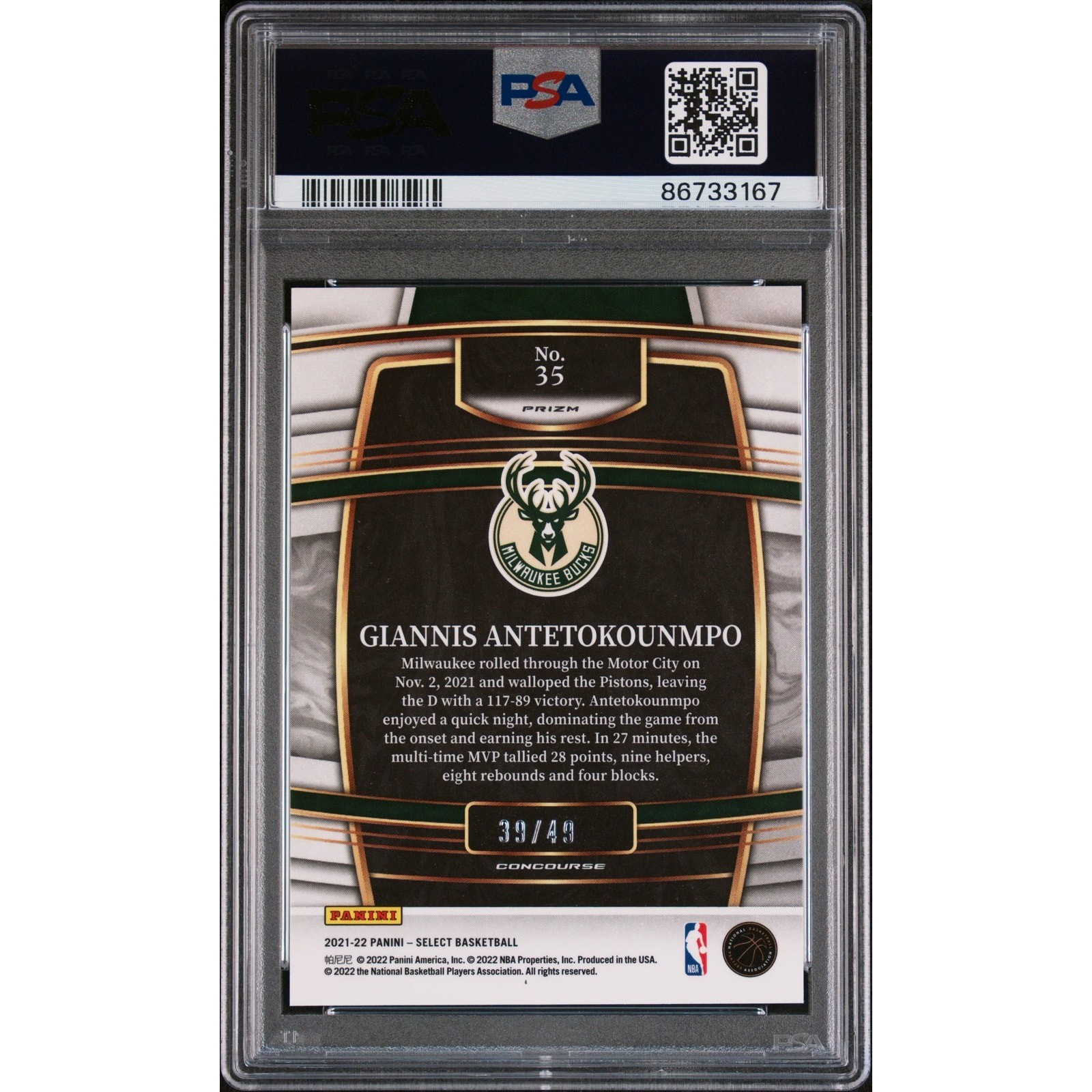 2021-22 Panini Select #35 Giannis Antetokounmpo Red Disco Prizms PSA 10 #/49 view 2