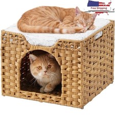Sturdy Indoor Cat Bed Cozy Hideout Cat House Portable Easy Assembly Rattan New