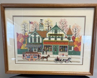 VTG FINISHED FRAMED Cross Stitch Old Town Main Street Wysocki style.