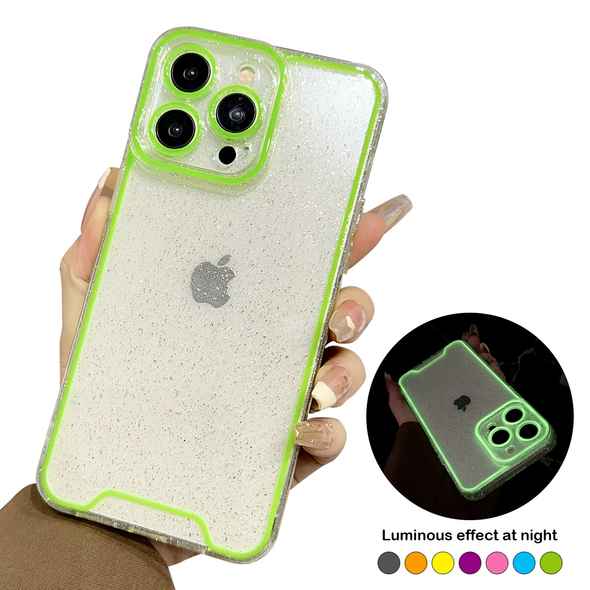 For iPhone 11 12 13 14 Plus 15 Night Light Luminous Transparent Glitter Case