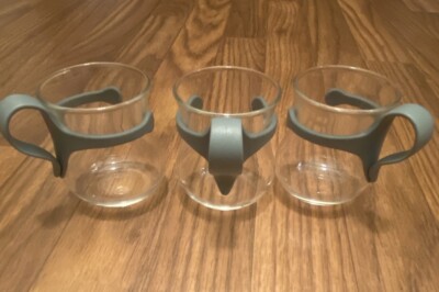 VTG Bodum Glass Espresso Cups Plastic Handles 4 oz Set Of 3 Blue Handles