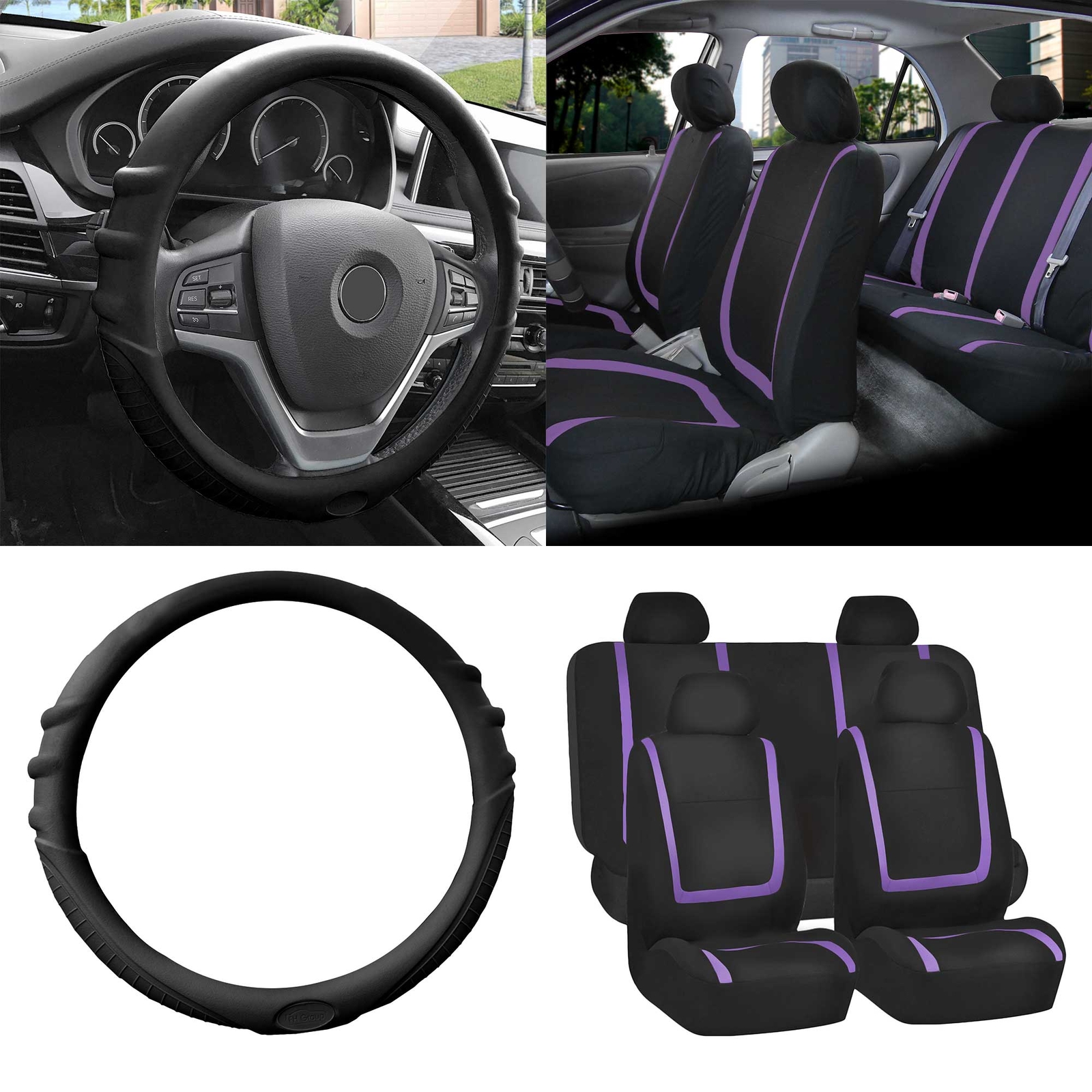 FH Group Universal Fit Cloth Car Seat Covers Full Set w/ Steering Wheel Cover