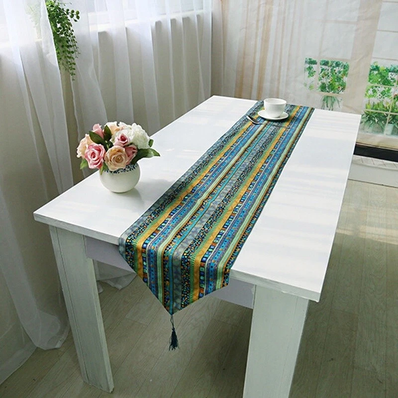 Ethnic Table Runner Boho Tasseled Edges Tablecloth Cotton Linen Table Cover - Image 3 of 4