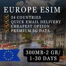 Europe ESIM | Fast Email Delivery | 34 Countries | 200MB-2 GB | 1-30 Days