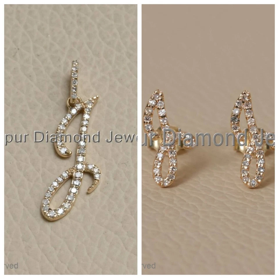 Conjunto de pingente inicial de ouro amarelo 14k sólido diamante natural J conjunto de joias - Imagem 2 de 4